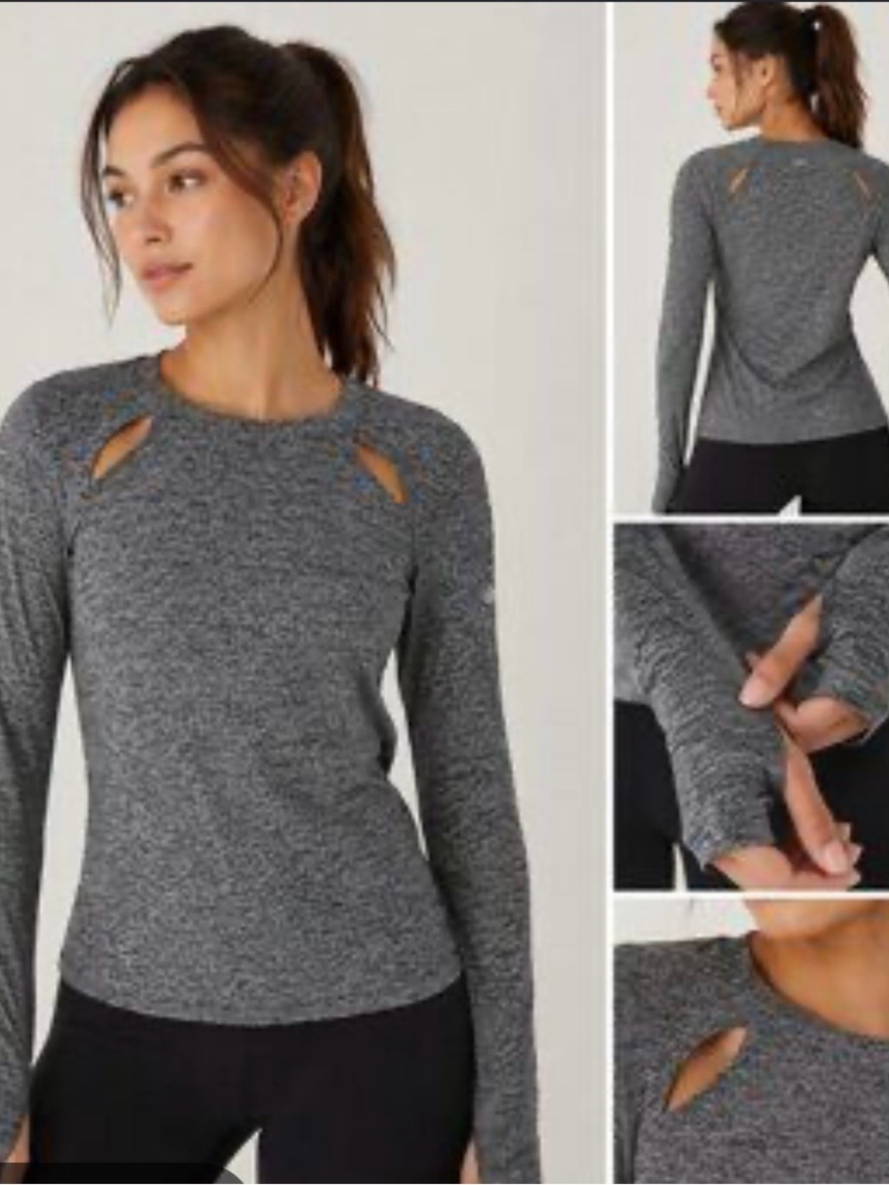 ALO Yoga Mantra Heather Charcoal Gray Long Sleeve Cutout Thumbhole Active Top M
